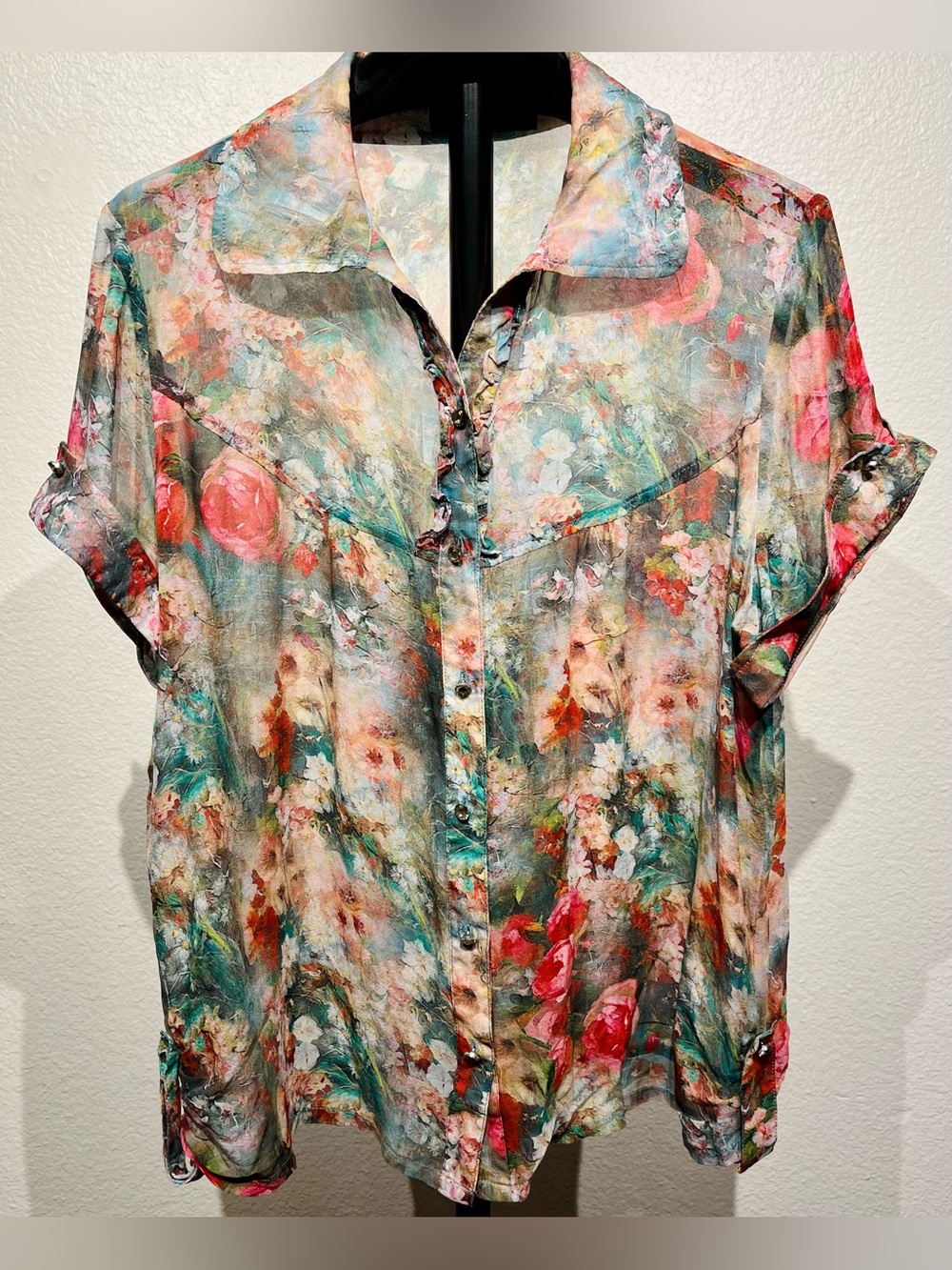 Vintage Yibu 100% Mulberry Silk Floral Watercolor Button-Front Semi-Sheer Blouse